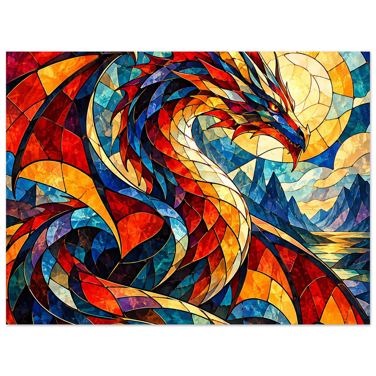 Drachen-Glasmalerei Poster im Querformat, Mosaikdrache zwischen Bergen und Sonnenbogen