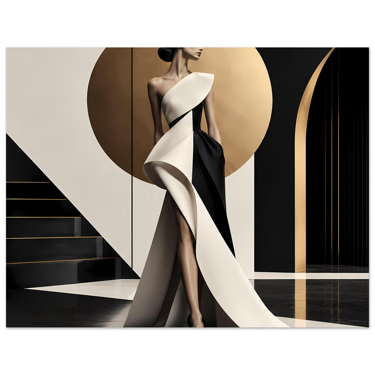 Poster mit eleganter Frau im Schwarz-Weiß-Kleid