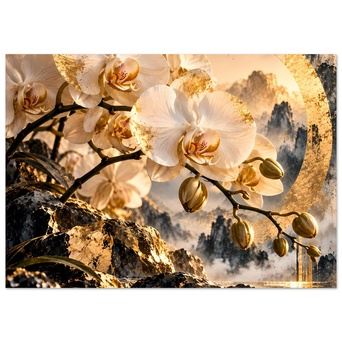 Orchideenposter mit weißen Blüten, goldenen Akzenten, schwarzem Ast und Wasserreflexen