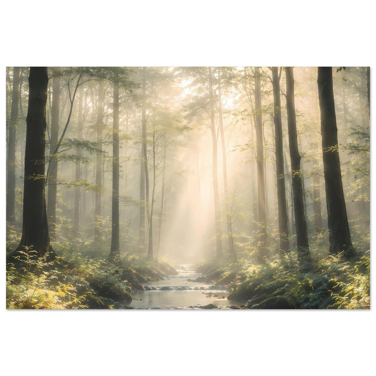 Naturposter: stiller Waldbach zwischen hohen Bäumen, Lichtkegel im Morgennebel
