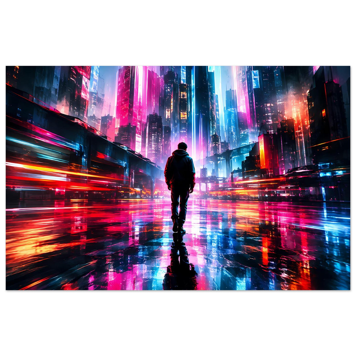Querformat-Cyberpunk-Poster: Neonstadt in Blau, Pink und Orange mit Personensilhouette.