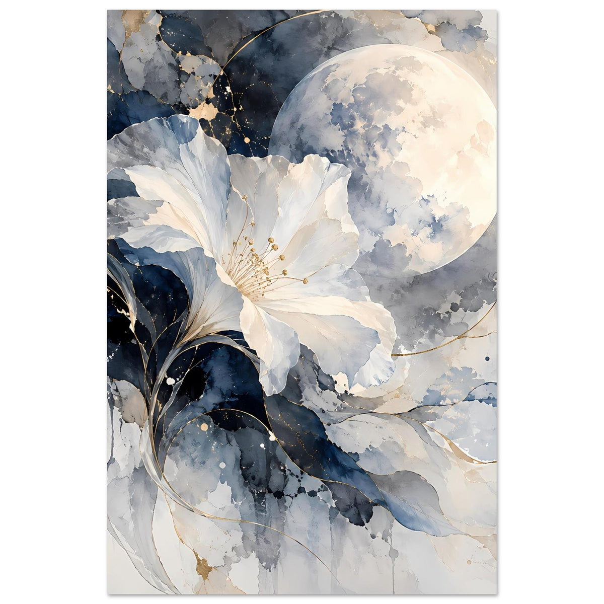 Poster mit Vollmond, großer weißer Blüte und blauen Aquarellflächen, goldene Sprenkel, rechteckig
