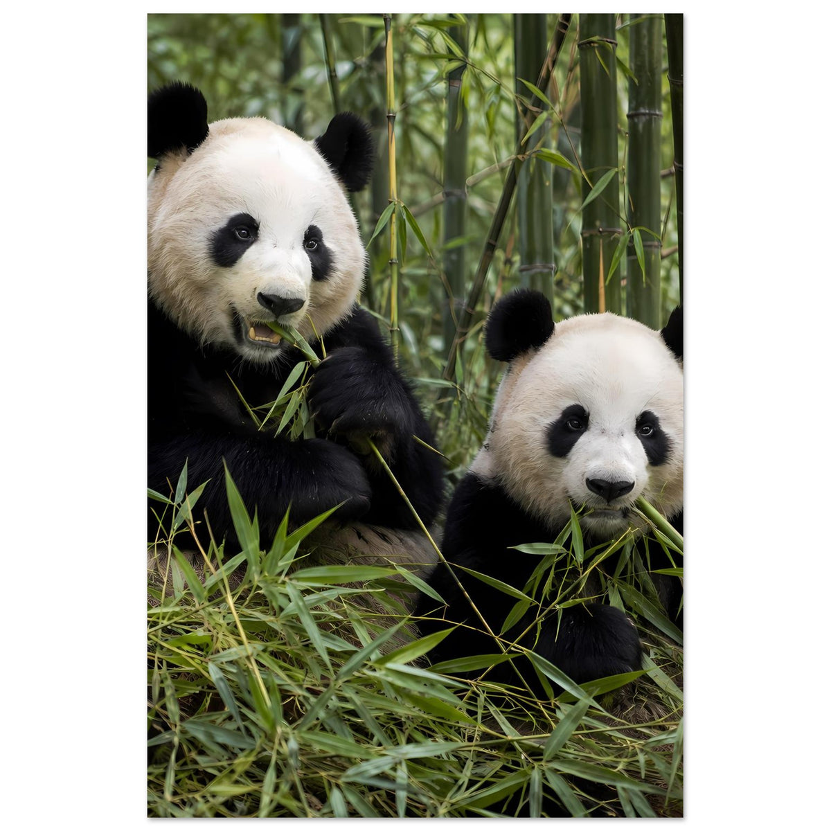 Vertikales Poster: zwei Pandas sitzen im Bambus, Blick in die Kamera