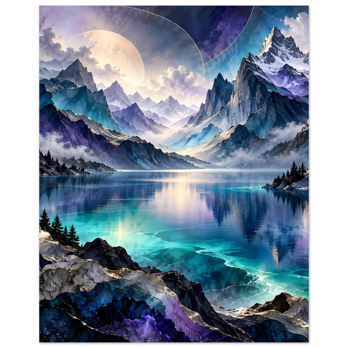 Bergsee-Poster, türkisblauer See, felsiges Ufer, schroffe Berge, Mondsichel und Nebel, Hochformat