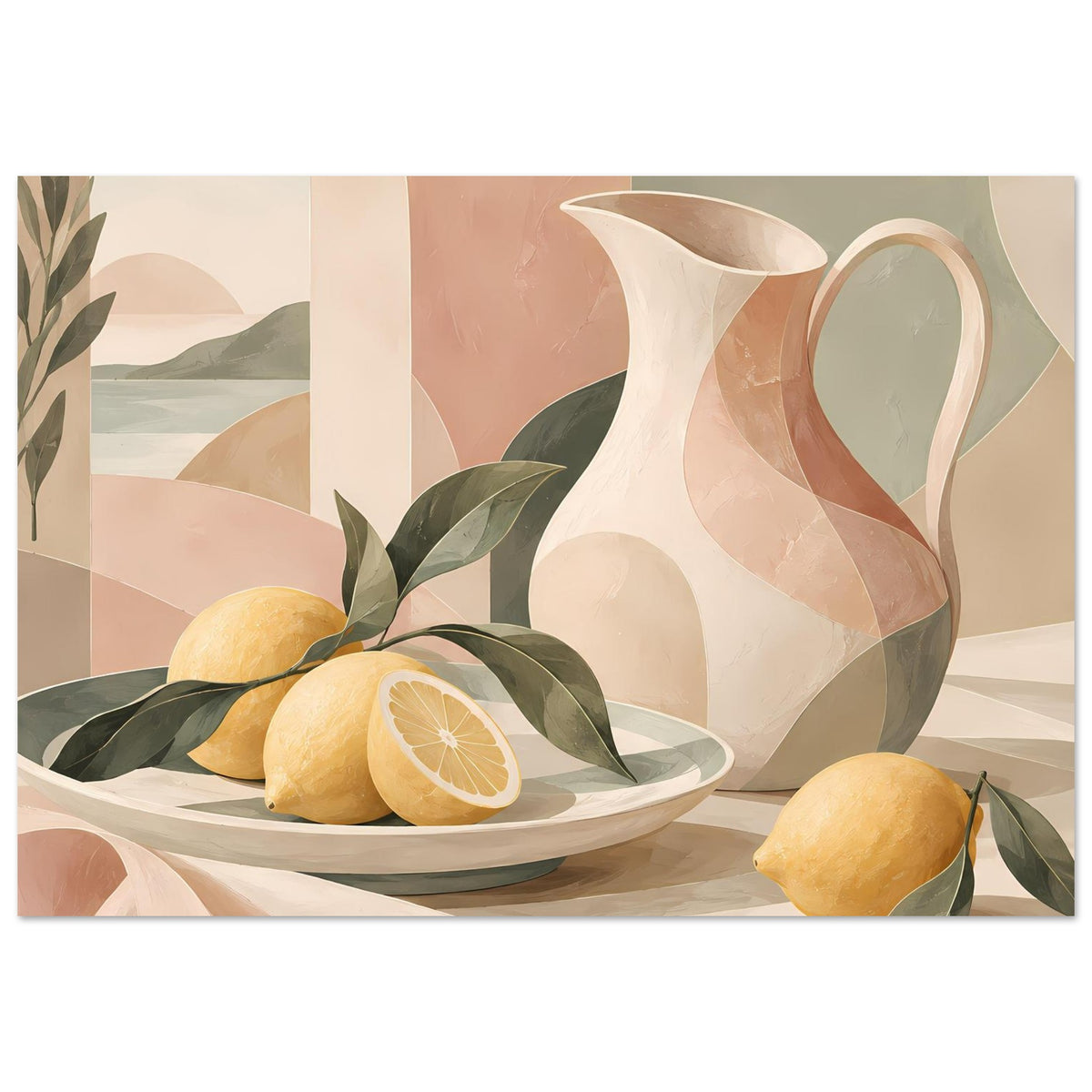 Mediterranes Still-Life-Poster mit weißer Kanne, Zitronen, Teller und grünen Blättern