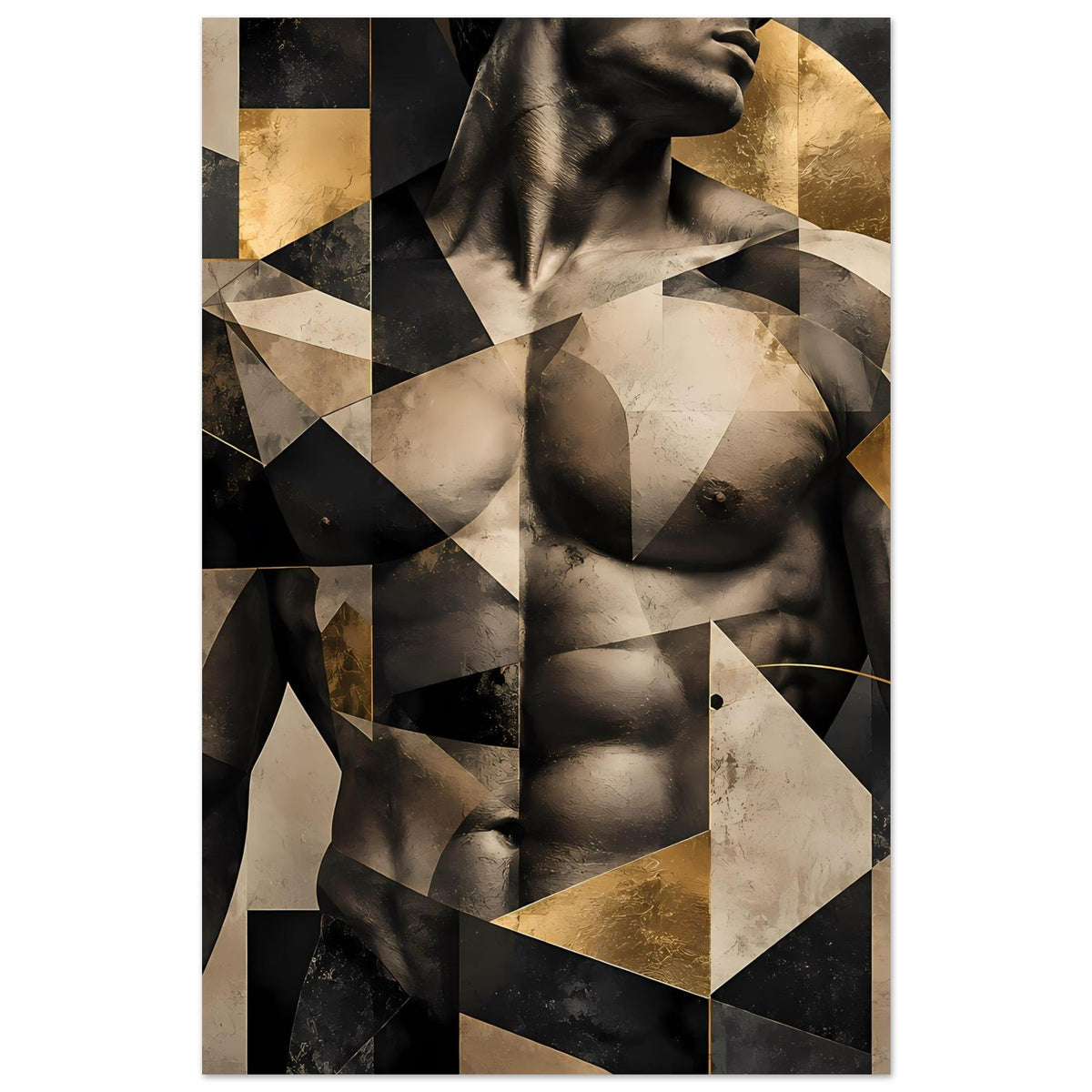 Abstraktes Aktkunst-Poster, Ausschnitt mit Goldbogen und geometrischen Flächen in Schwarz und Beige