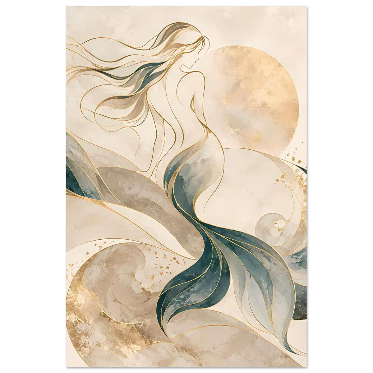 Kunstposter im Hochformat: Meerjungfrau-Illustration mit goldenen Monden und blauen Flossen