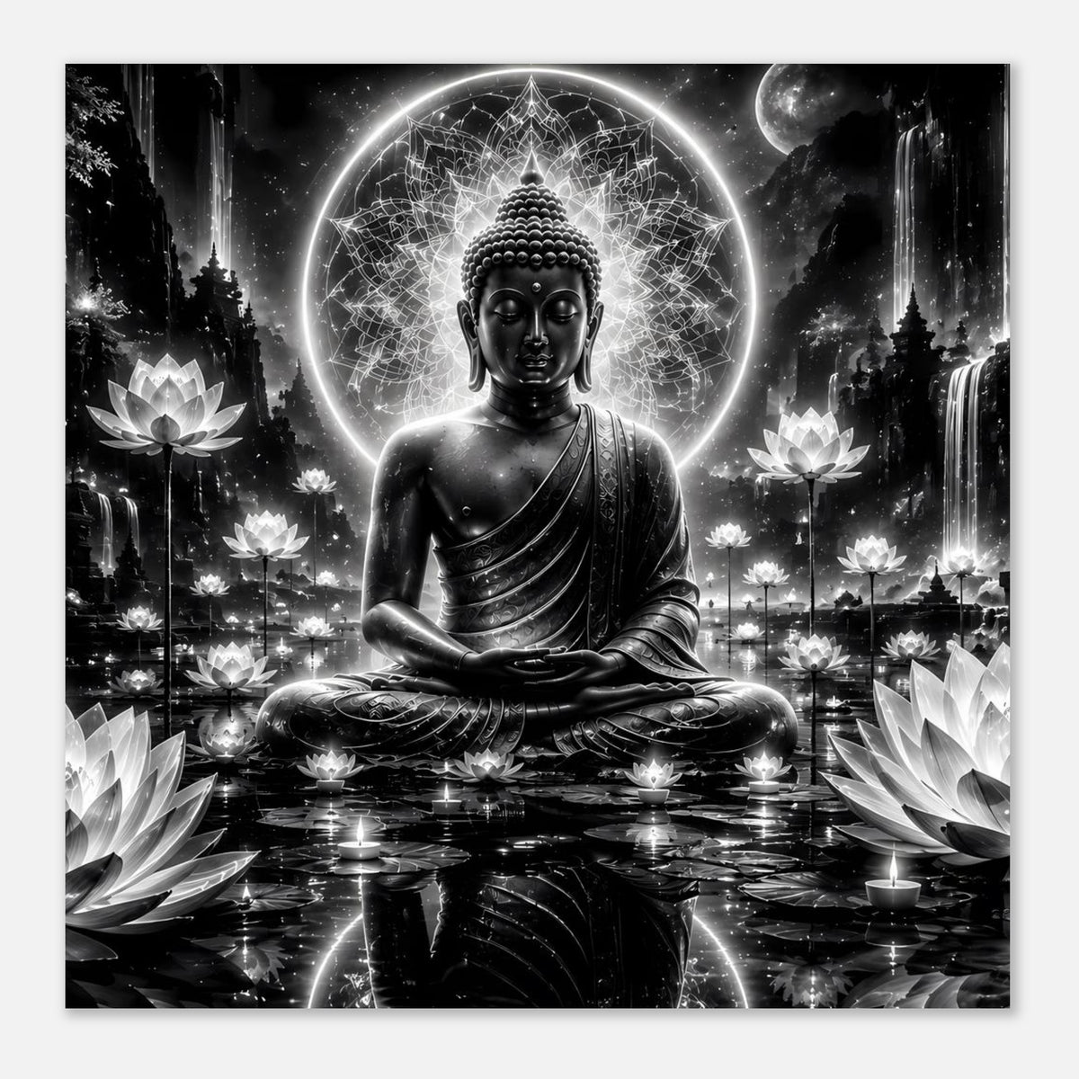 Poster im Landschaftsformat mit sitzendem Buddha, leuchtender Kreis-Aura und Lotusblüten, schwarz