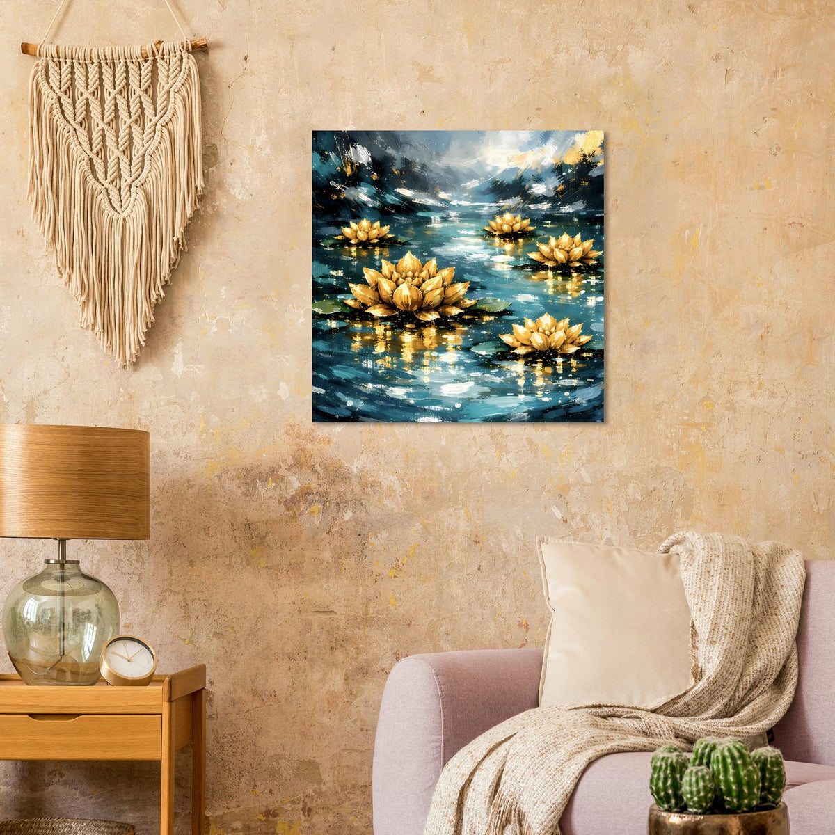 Quadratisches Poster mit goldenen Lotusblüten auf Wasser, Seerosen und Lichtreflexen