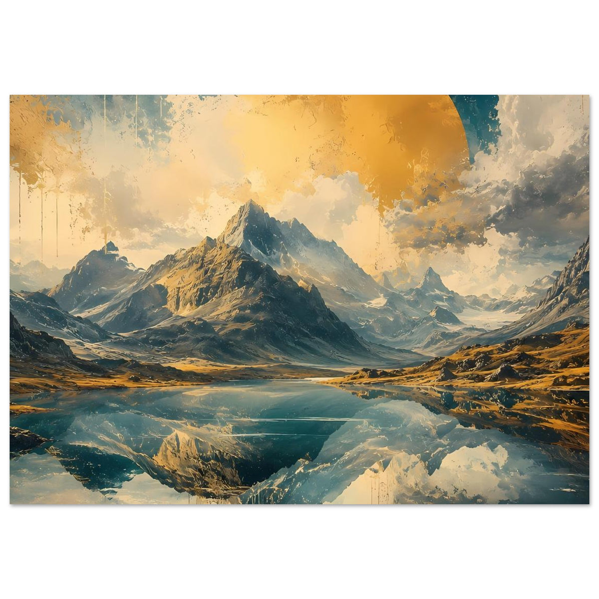 Poster (Querformat) mit Berglandschaft und Spiegelung in Blau-Gold, Wolken und Talansicht