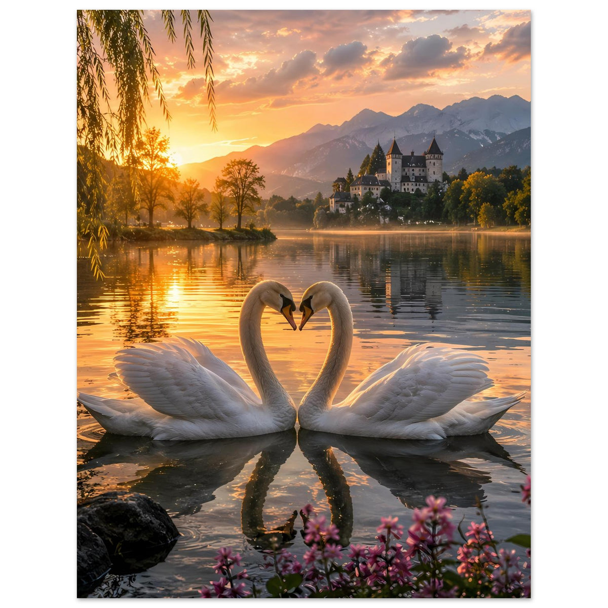 Poster: zwei Schwäne bilden ein Herz, warmes Sonnenuntergangsmotiv mit Blumen unten