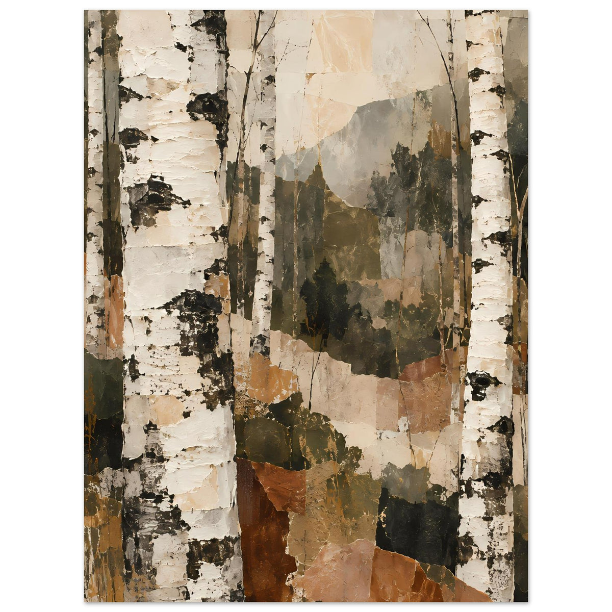 Kunstposter im Hochformat mit Birkenstämmen, abstrakte Farbflächen in Olivgrün und Braun