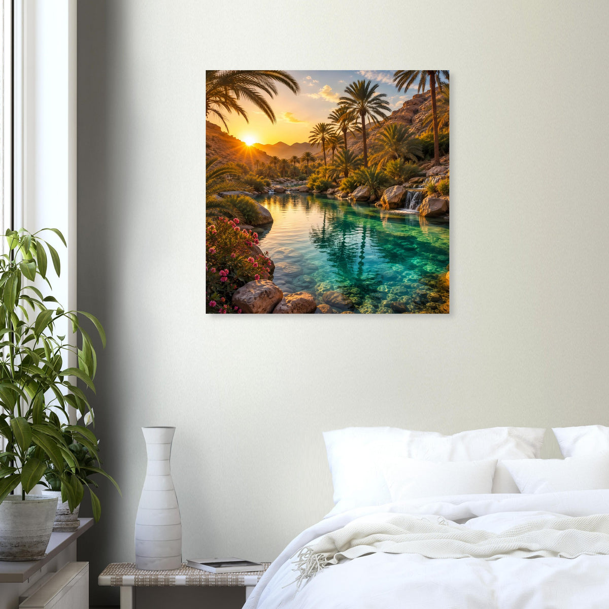 Quadratisches Poster zeigt tropische Sonnenuntergangslandschaft mit Palmen und ruhigem Fluss