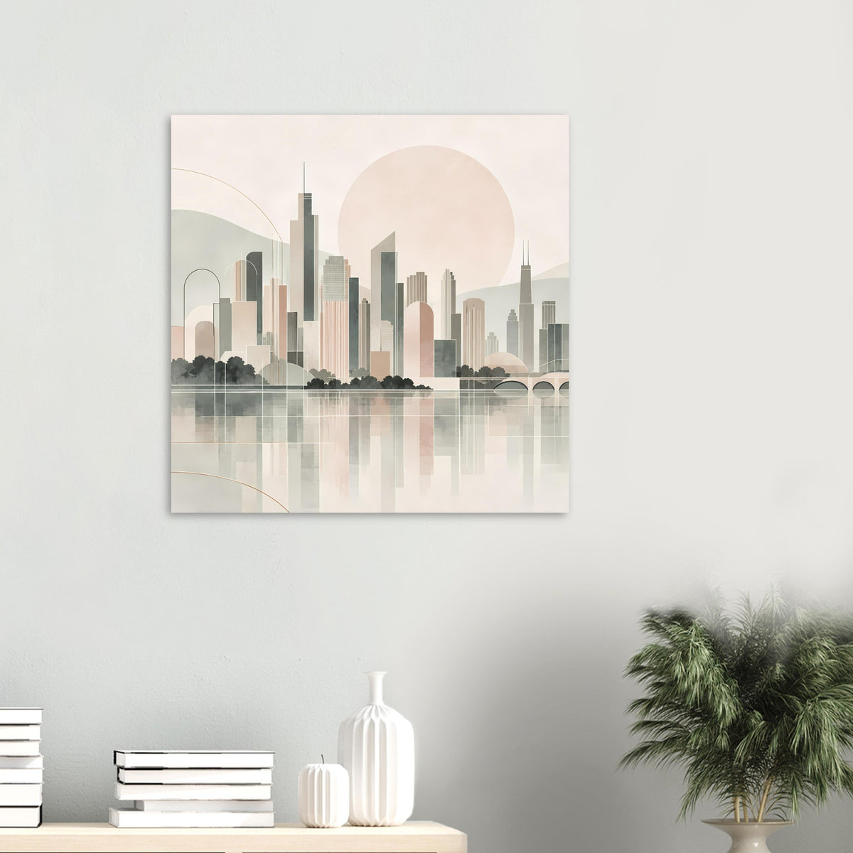 Kleines quadratisches Stadtposter: minimalistische Skyline in Pastellfarben mit rundem Mond