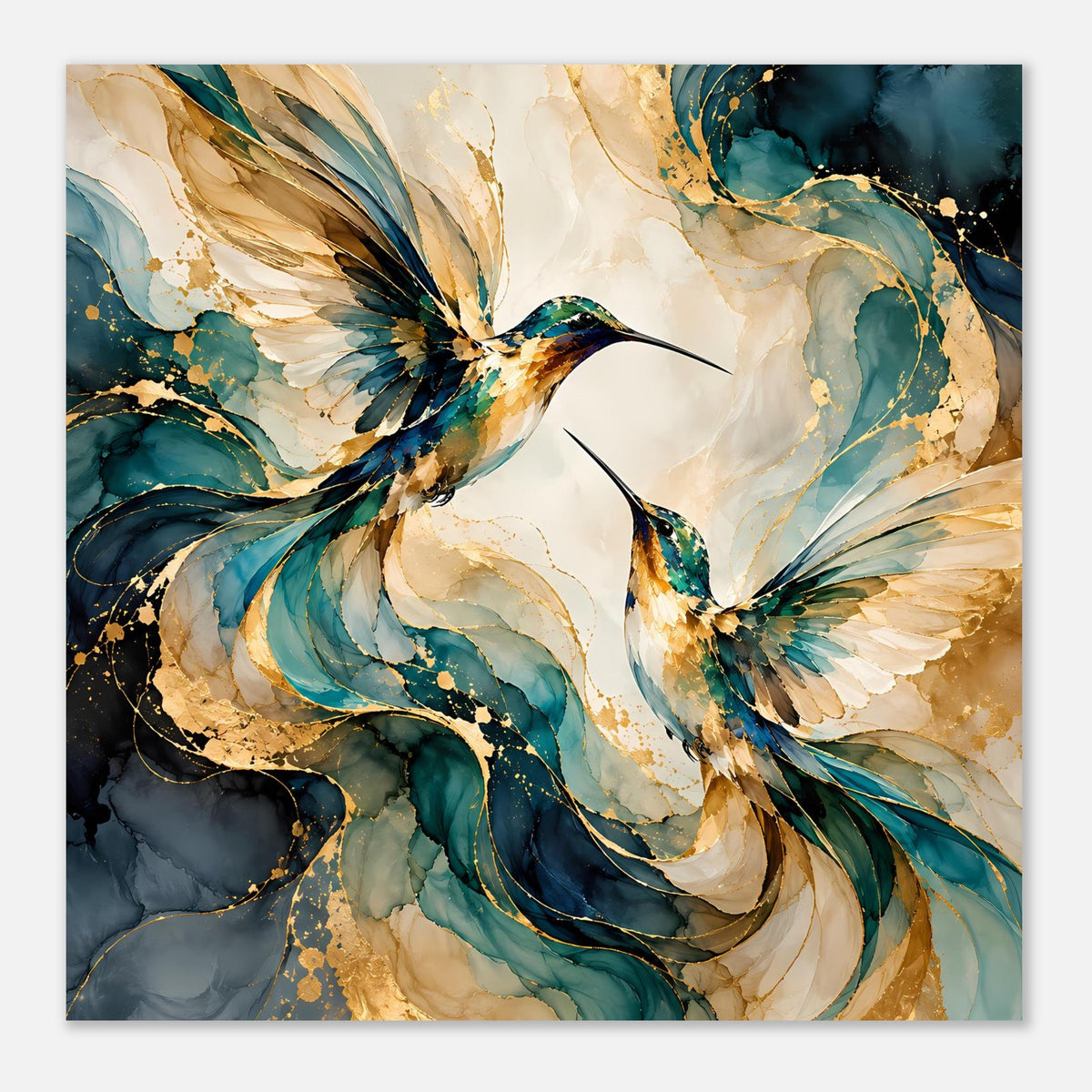 Vogelposter mit Kolibris, Blau- und Goldfedern, zarte Wellenhintergründe