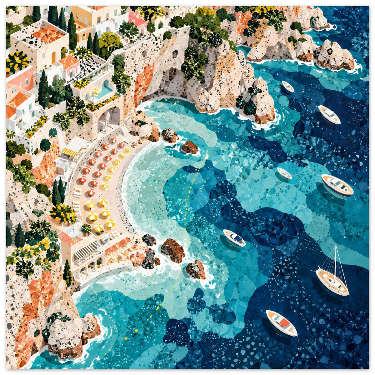 Mediterrane Küstenlandschaft mit Villen, sonnigen Felsklippen und türkisblauem Meer in Mosaikoptik – Posteransicht 47