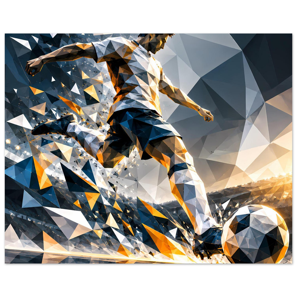 Fußballposter im Querformat: Spieler auf dem Feld, Ball rechts unten, Blau-Orange-Polygonstil.