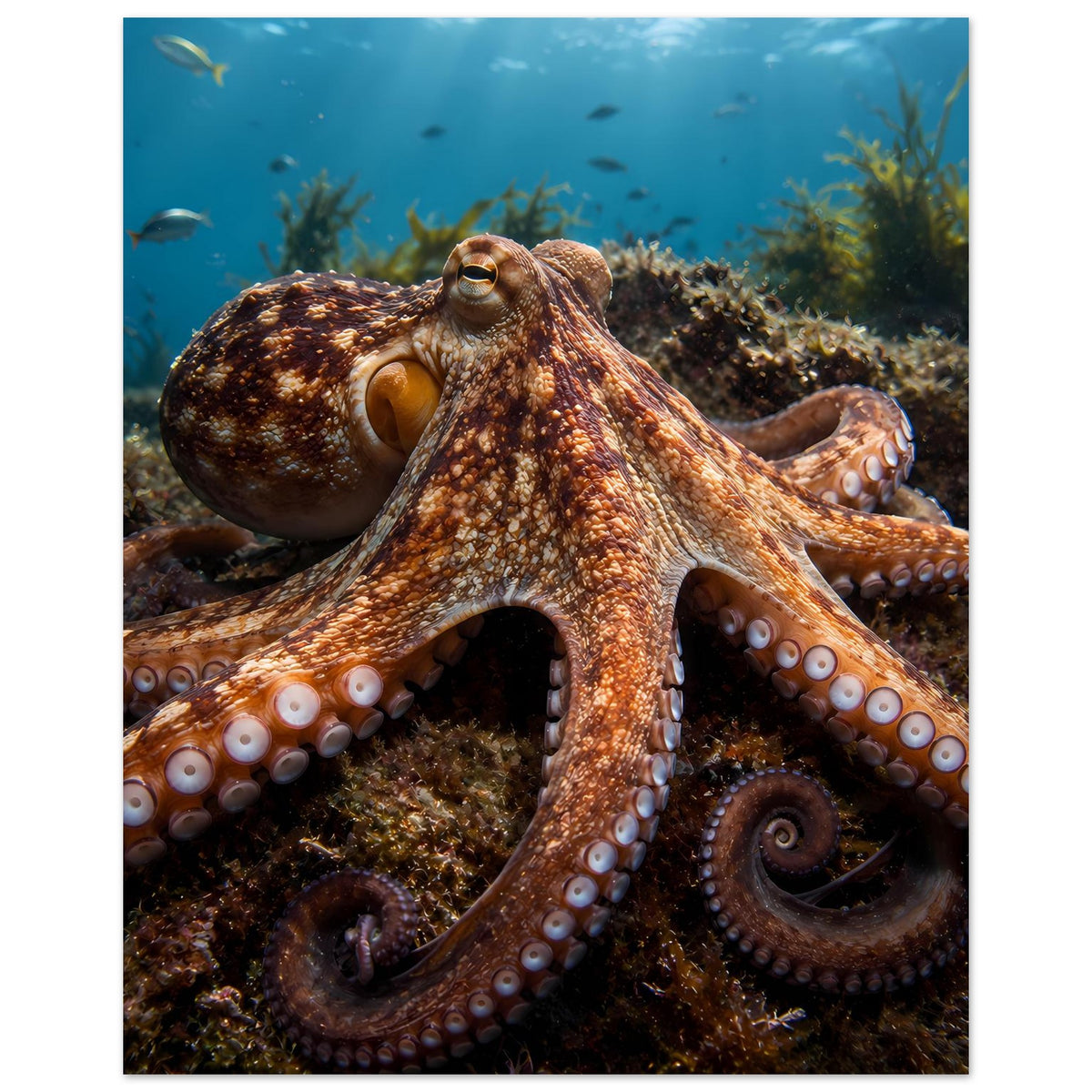 Hochkant-Unterwasserposter: brauner Oktopus mit Saugnäpfen an den Tentakeln