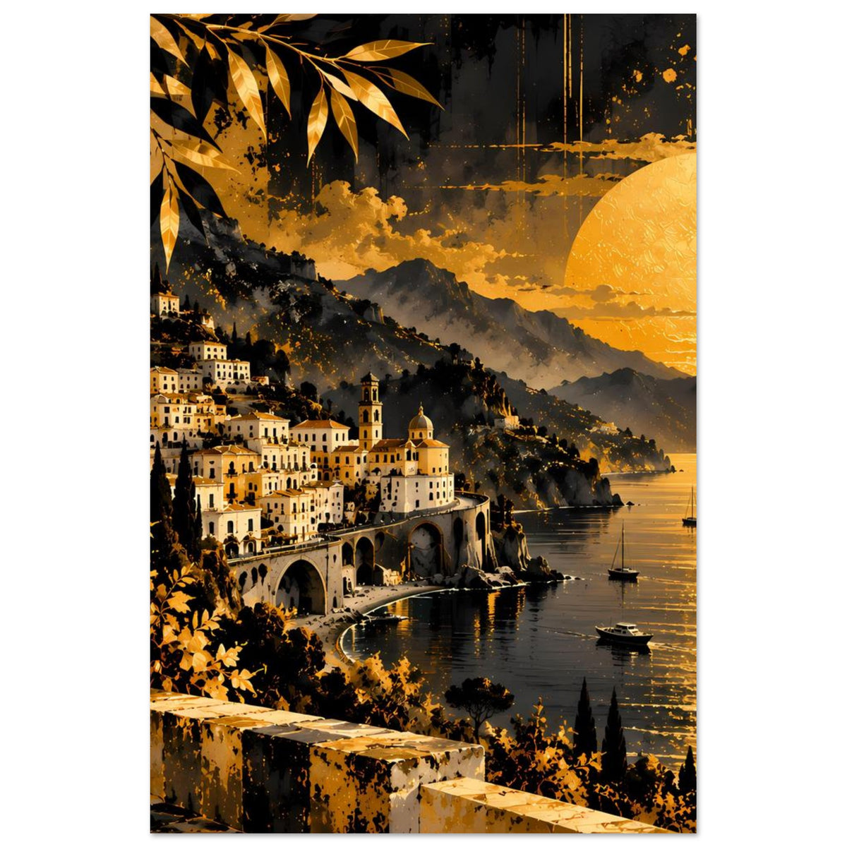 Vertikales Poster: Küstendorf am Fluss, goldene Sonnenuntergangsfarbe, Bogenbrücke und große Sonne