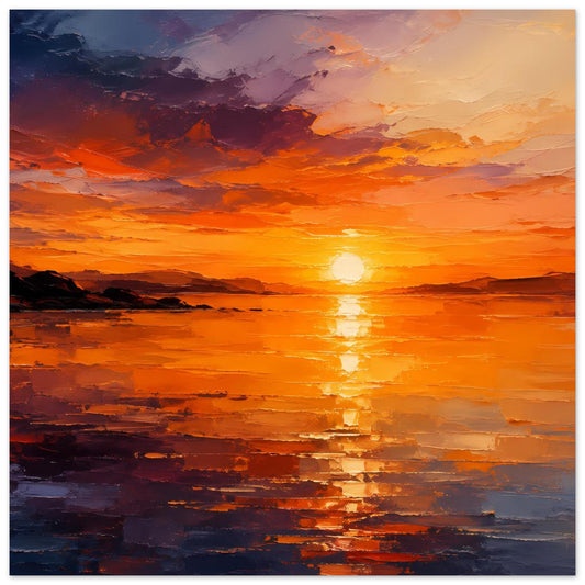 Horizontales Poster mit Sonnenuntergang am Meer, orangefarbener Himmel und reflektiertem Licht