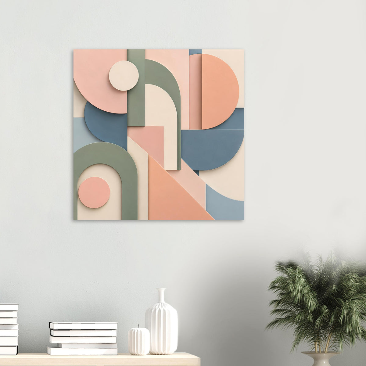 Gerahmtes abstraktes Kunstposter mit geschwungenen Formen in Terrakotta, Salbeigrün, Blau und Creme