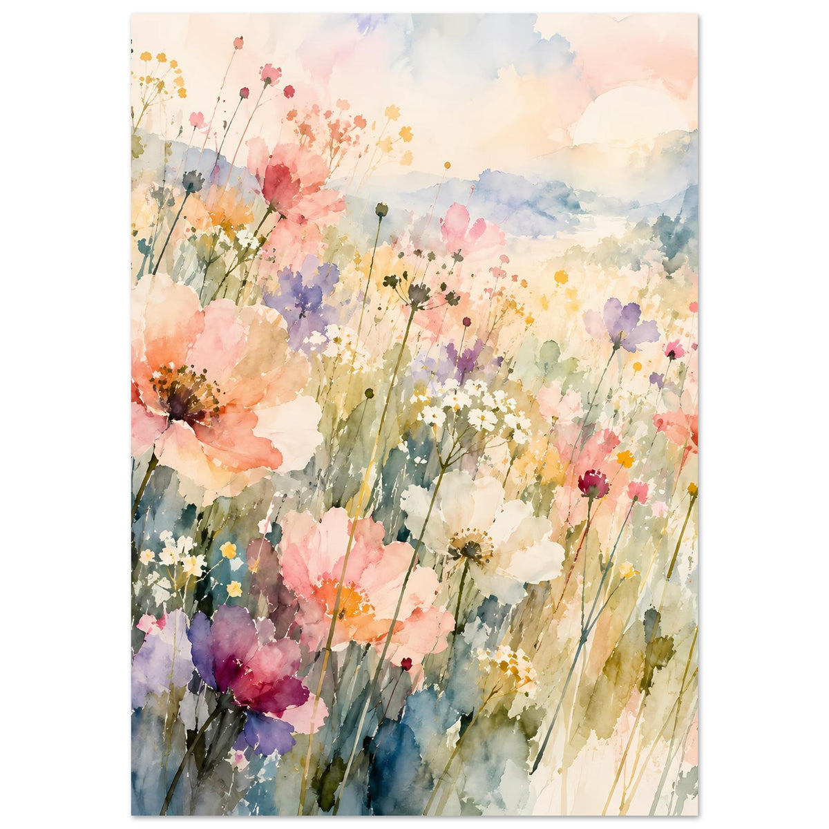 Aquarell-Poster Wildblumenwiese im Pastell, vertikal, pastellige Blütenstreuung