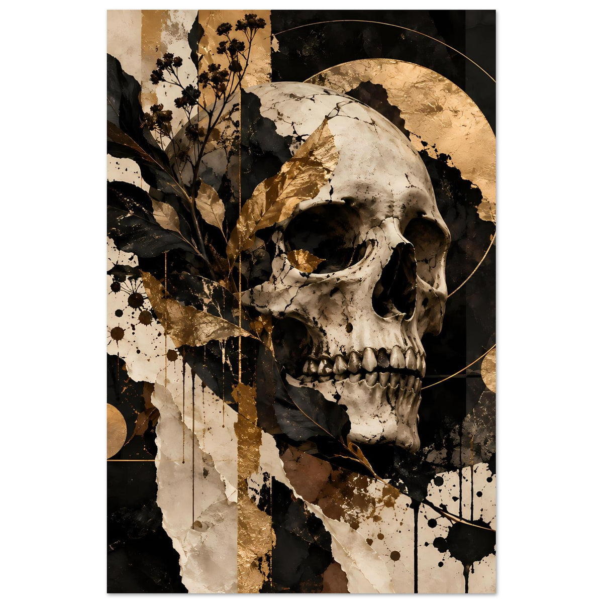 Kunstposter Totenschädel in Schwarz und Gold, mit Kreisbögen, Punkten und Blattornament
