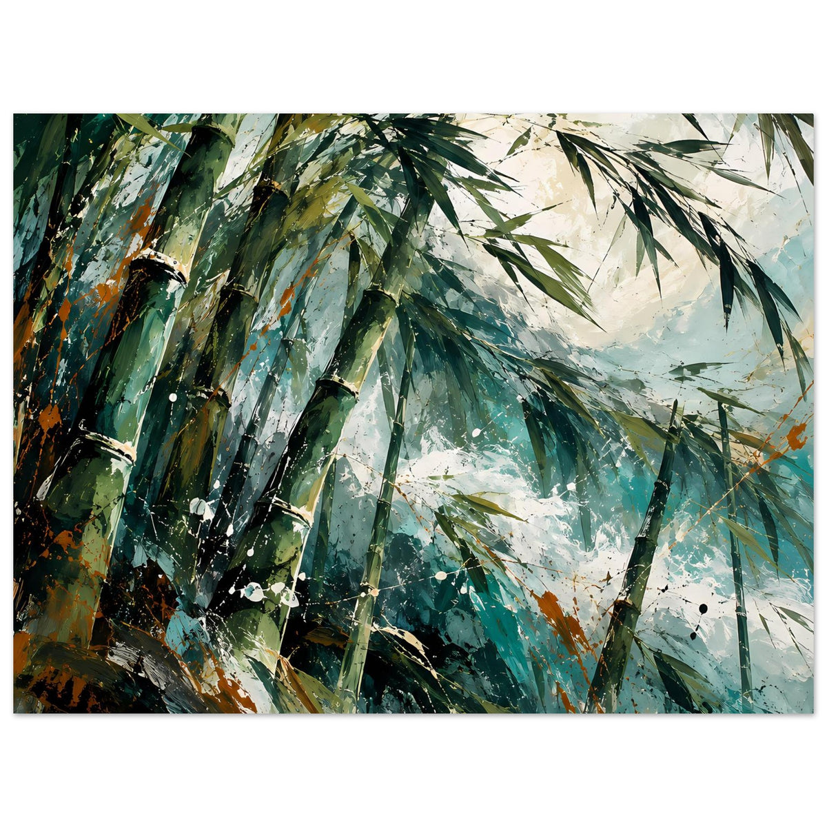Bambuswald-Poster, horizontal: abstrakte Bambuslandschaft mit Blättern, Nebel und Sprenkeln