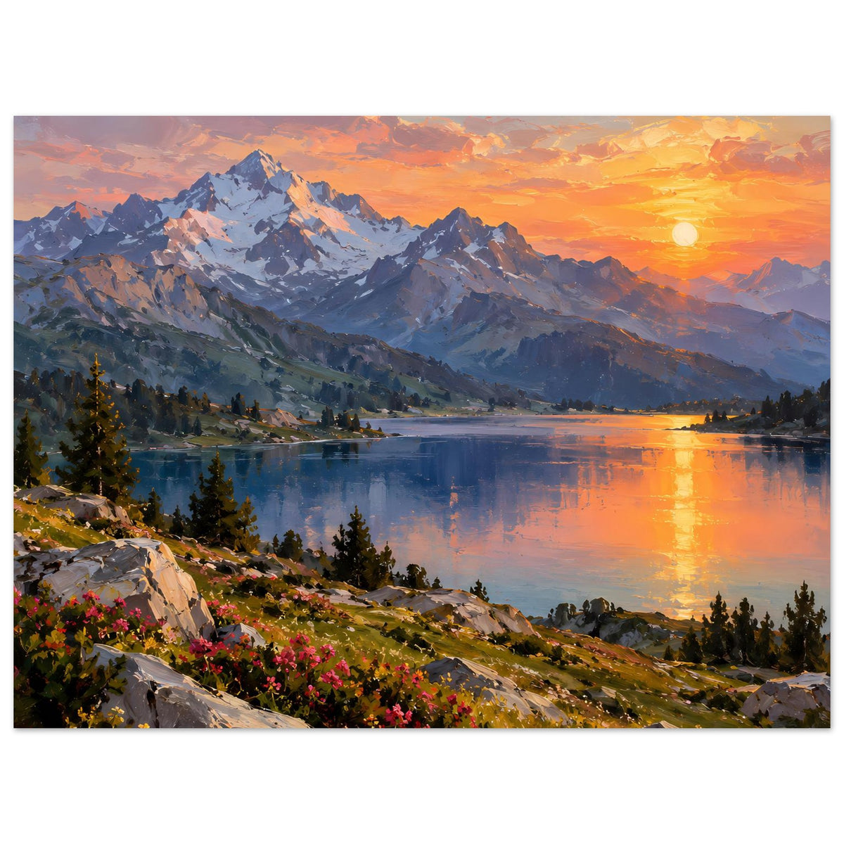 Poster: Bergsee im Sonnenuntergang, Berge, orangefarbener Himmel, Spiegelung im Wasser