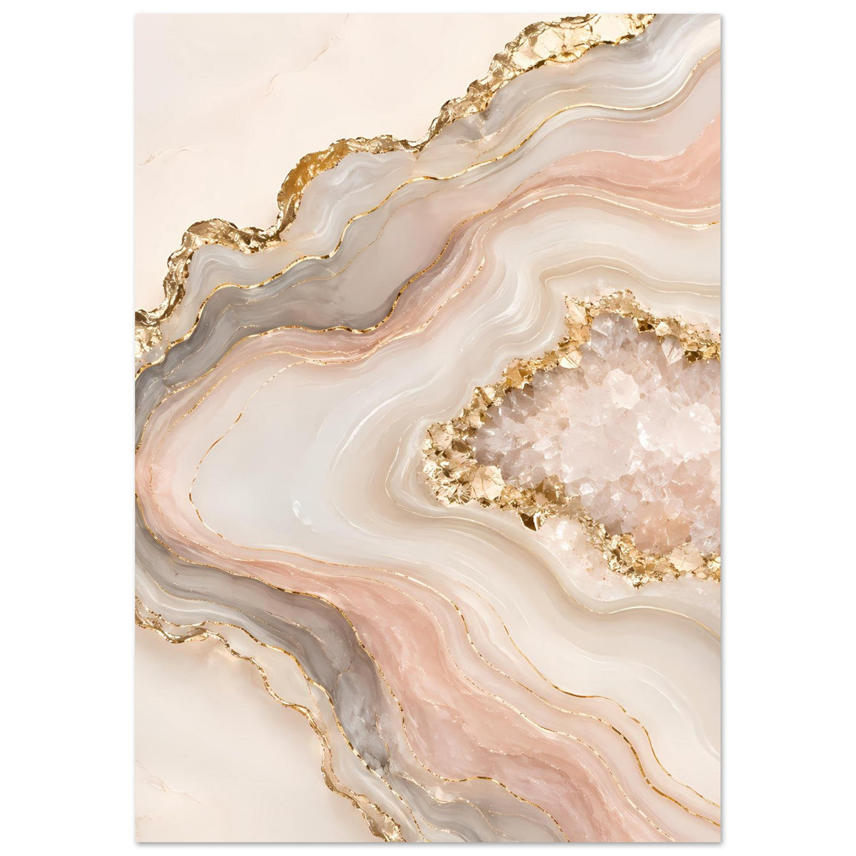 Abstraktes Poster mit Geoden-Kristallen in Rosé, Creme und Gold
