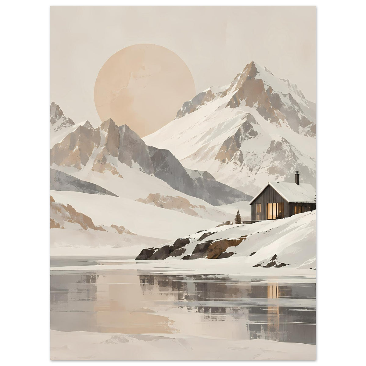 Vertikales Poster mit Bergen im Nebel-Look, Sonnenkreis, Hütte mit warmem Licht im Schnee
