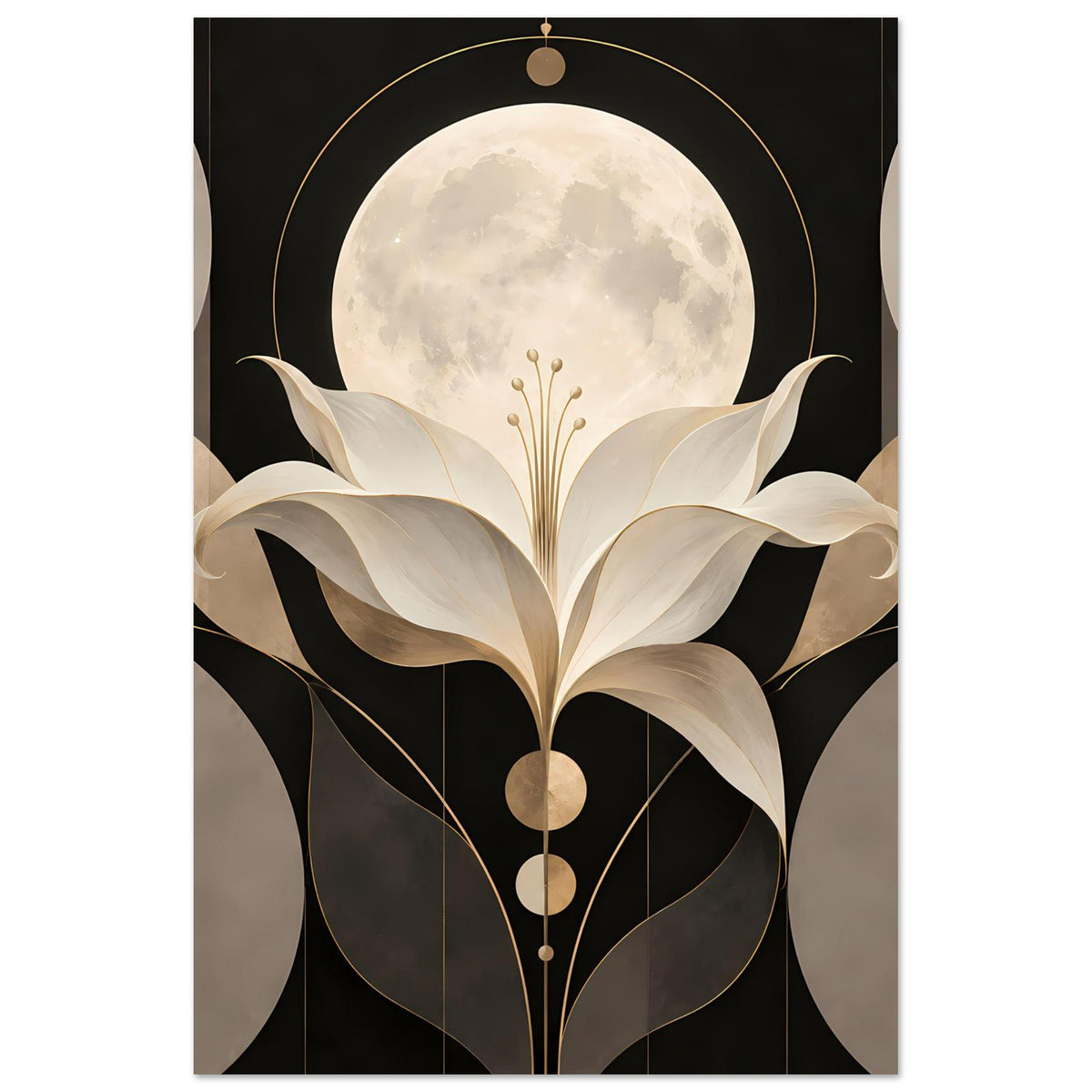 Art-déco-Poster mit cremefarbener Lilie vor Mond und goldenen Linien