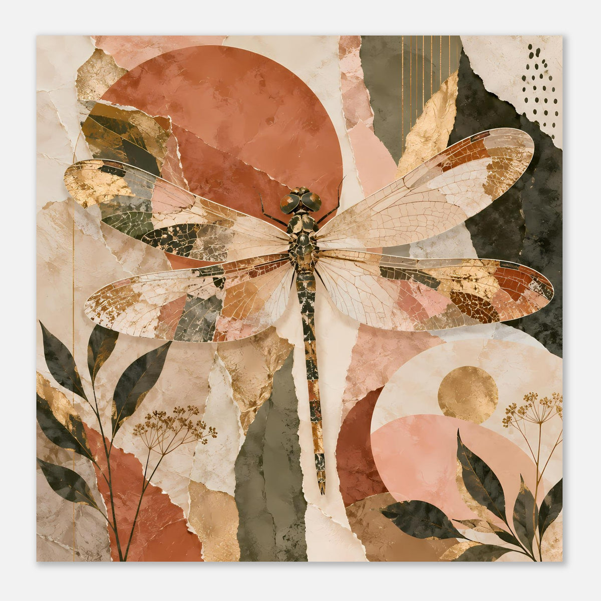 Libellen-Poster im Boho-Stil, hochformat: Libelle mit floralen Collage-Elementen