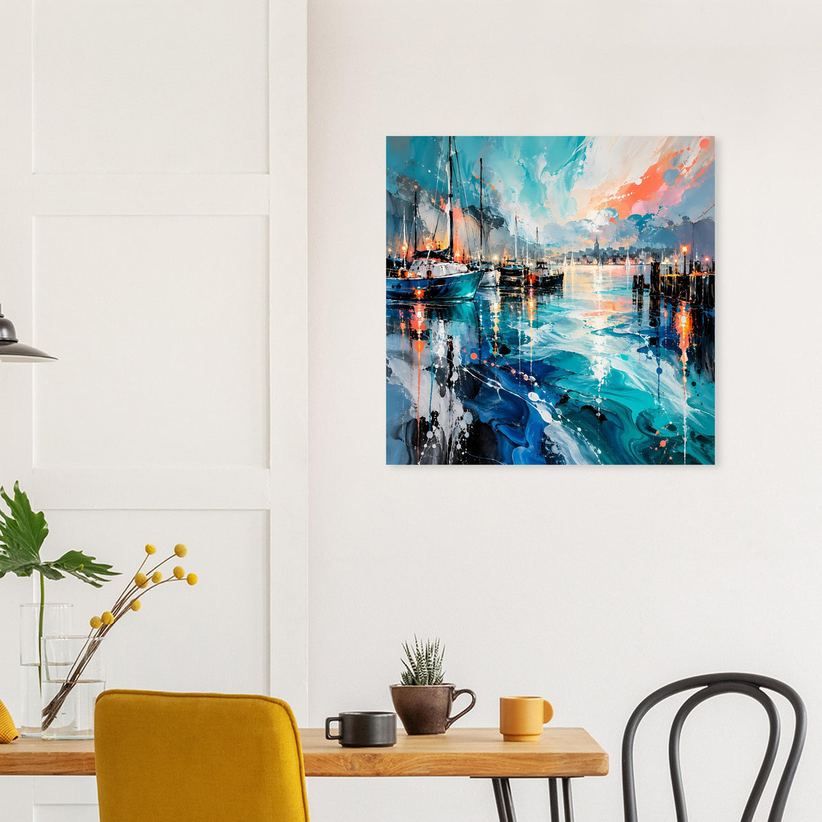 Quadratisches Wandposter mit Hafenlandschaft, blauem Farbverlauf und Lichtersäumen