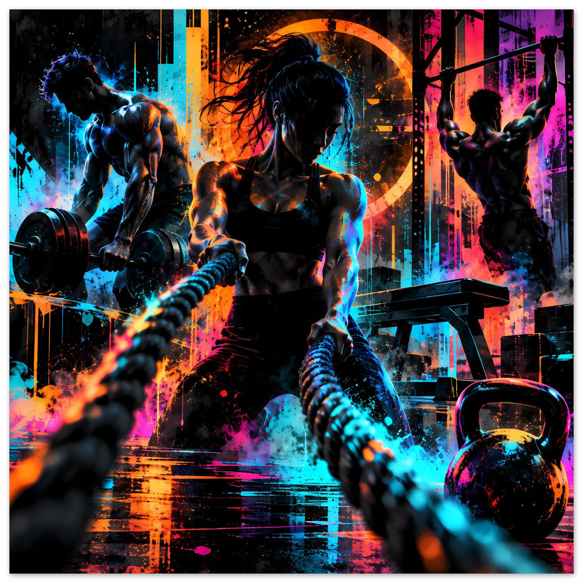 Neon-Fitnessposter mit vollem Motiv: drei Sportler, Hanteln und farbige Lichtspuren