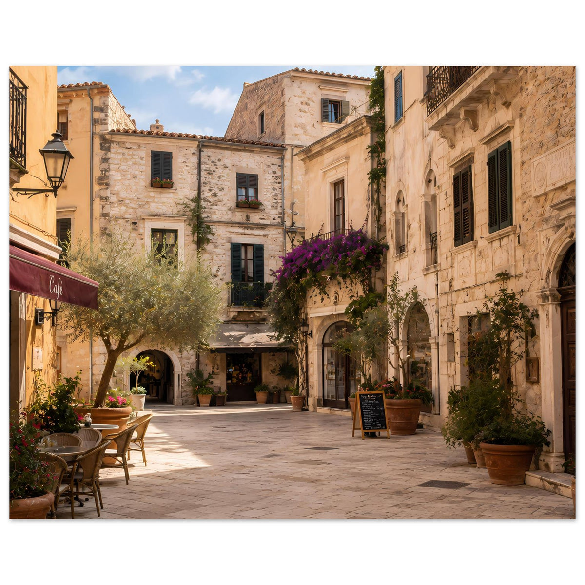 Poster einer mediterranen Altstadtgasse mit Café und Steinfassaden