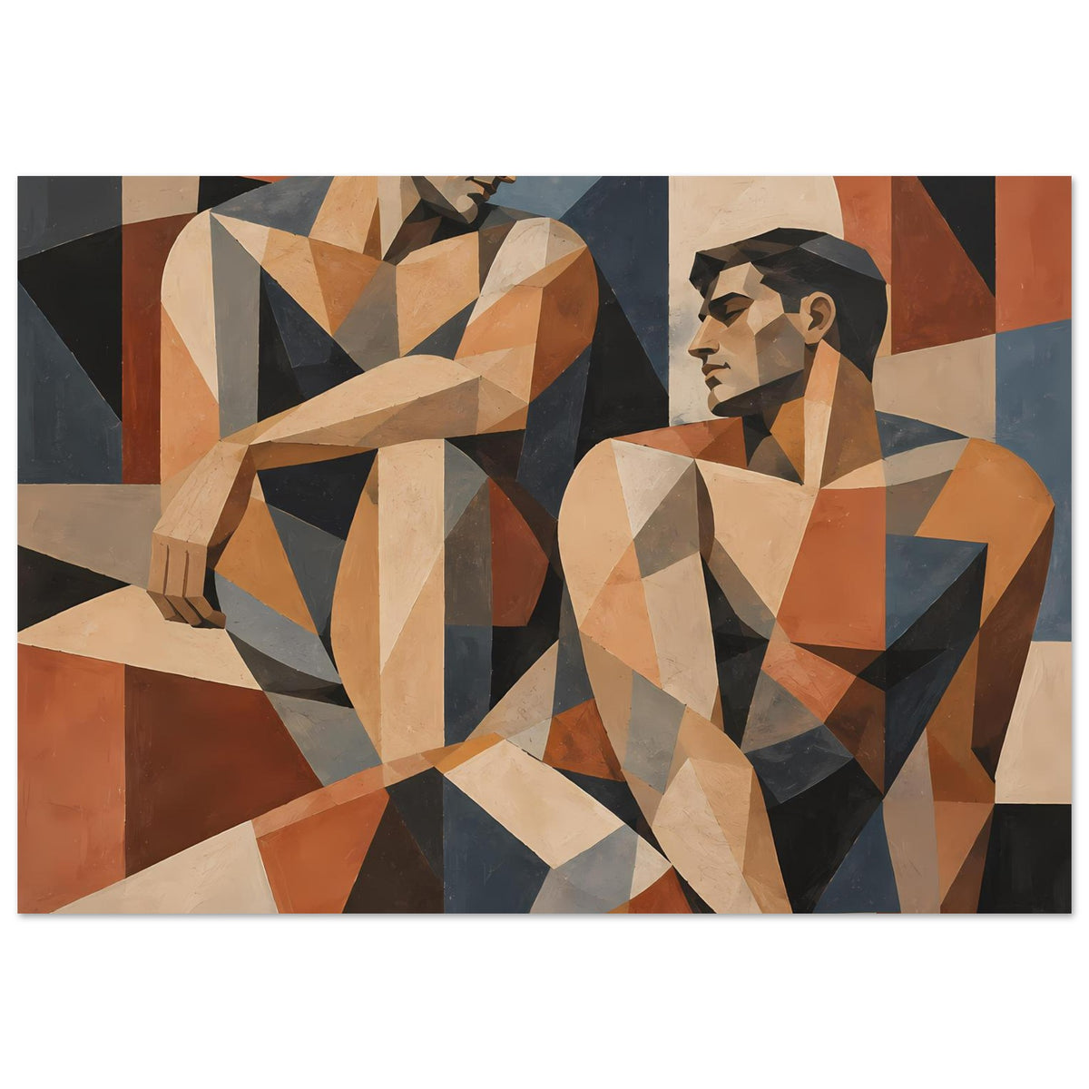 Kunstposter im Querformat: geometrische Figuren, kräftige Orange- und Beigetöne, dunkles Blau.