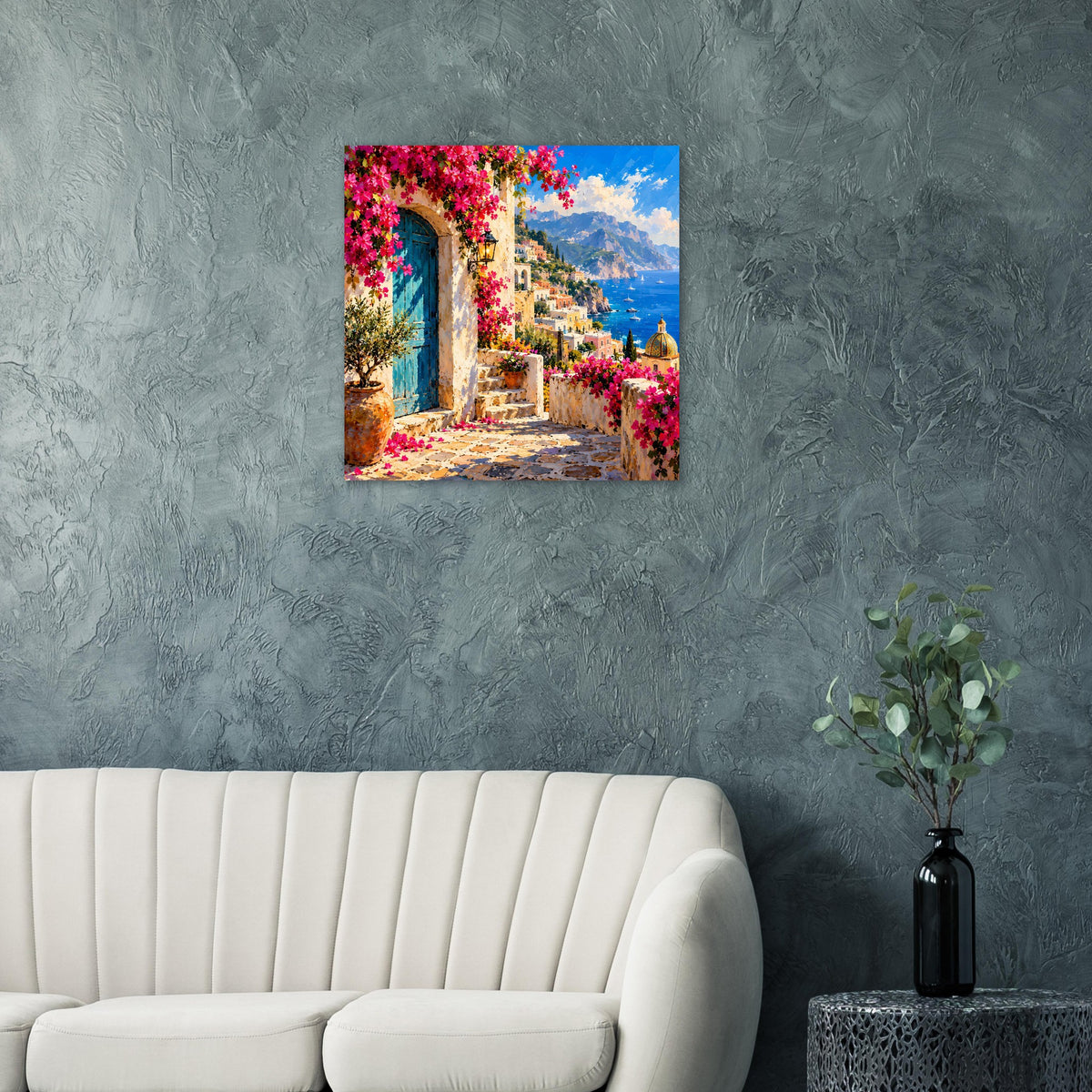 Quadratisches Poster im Rahmen mit mediterraner Gasse und blauem Meer im Bildausschnitt