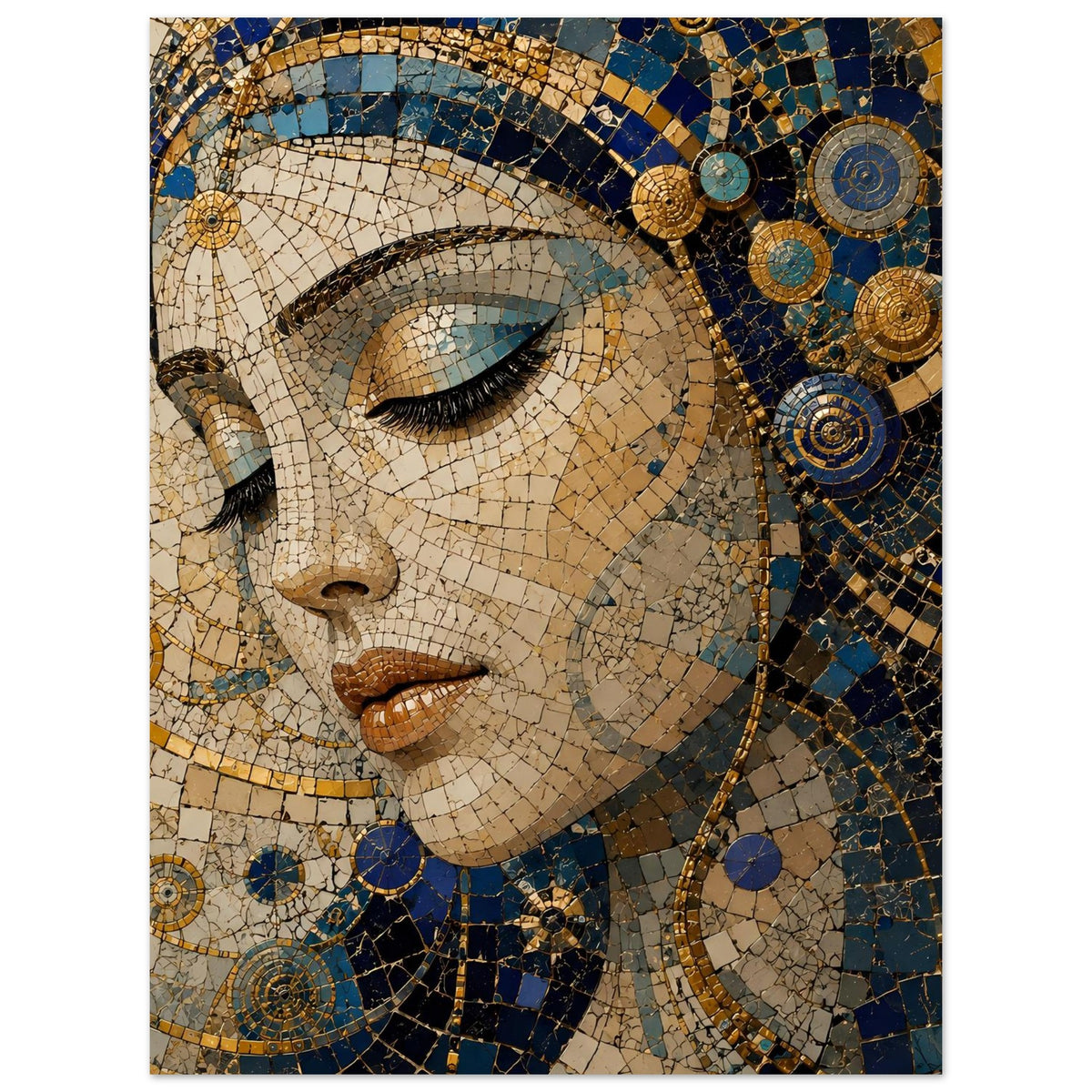 Poster im Hochformat: Frauengesicht im Mosaik-Stil, Blau- und Goldtöne