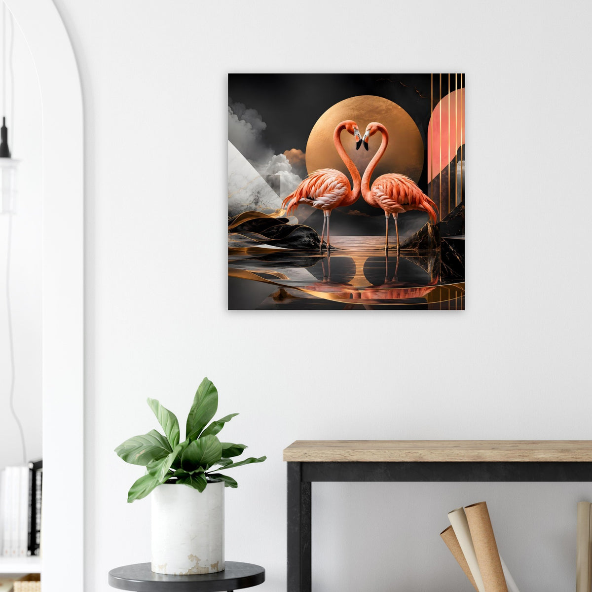 Flamingo-Dekorationsposter mit zwei rosa Flamingos, dunklem Motiv und gold-orangen Akzenten