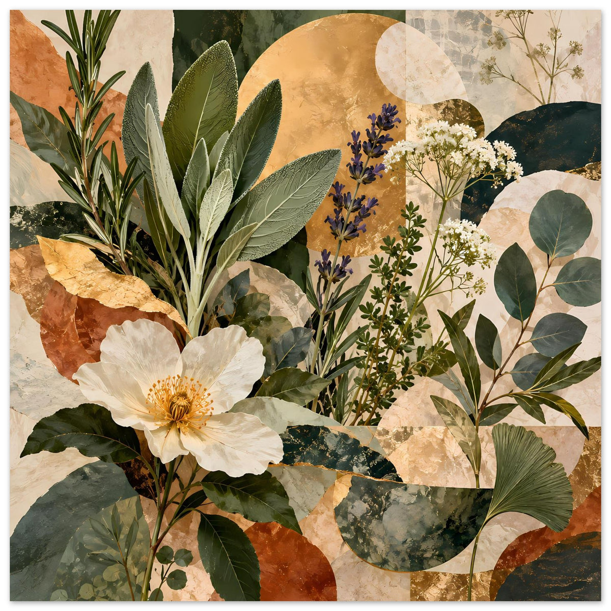 Botanisches Poster (vertikal) mit weißen Blüten, blau-violetten Blüten und grünen Blättern