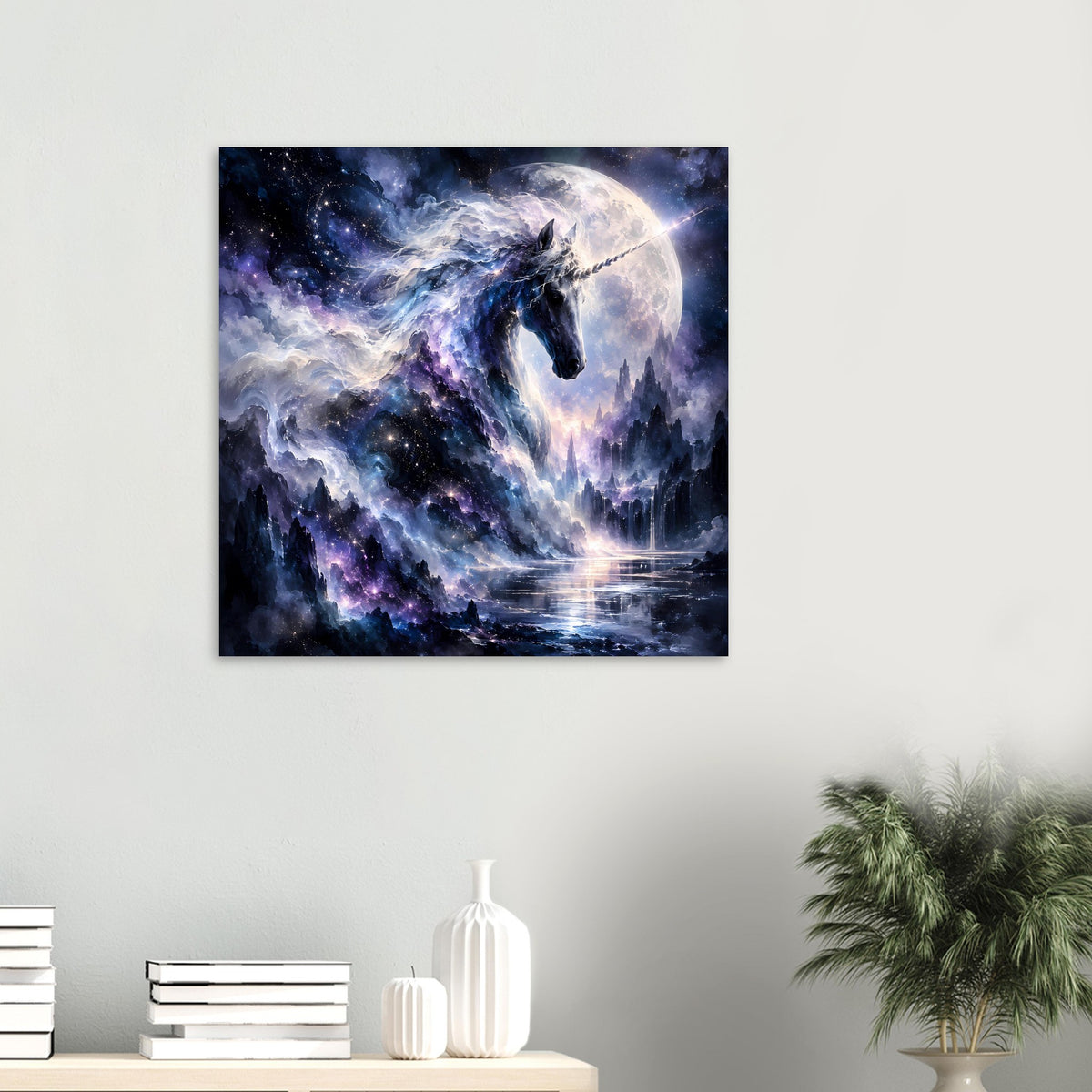 Quadratisches Poster mit galaktischem Einhorn, Mond und Wasserreflexen im All
