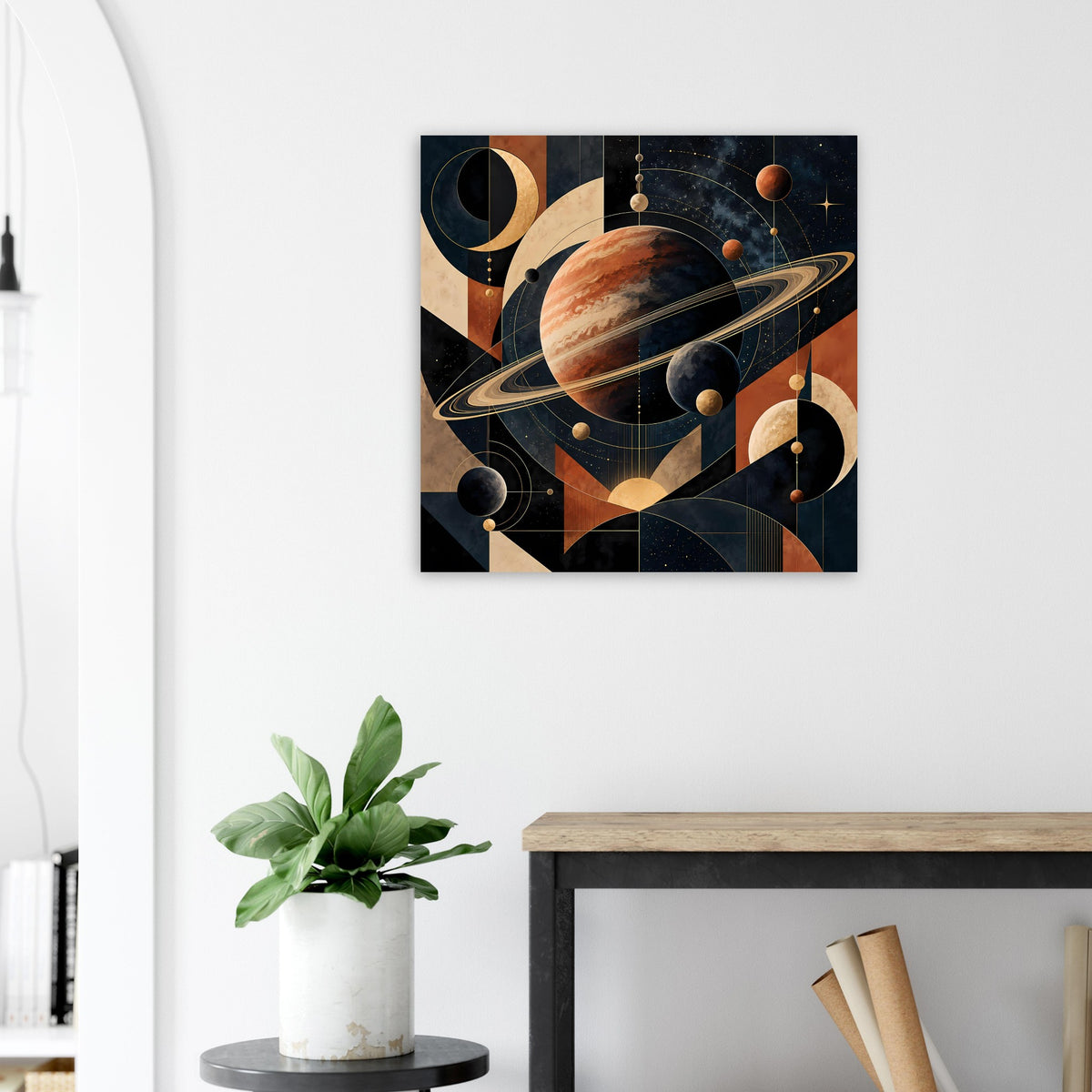 Wandposter mit abstraktem Planetensystem: Ringe, Monde und Kreise in warmen Erdtönen