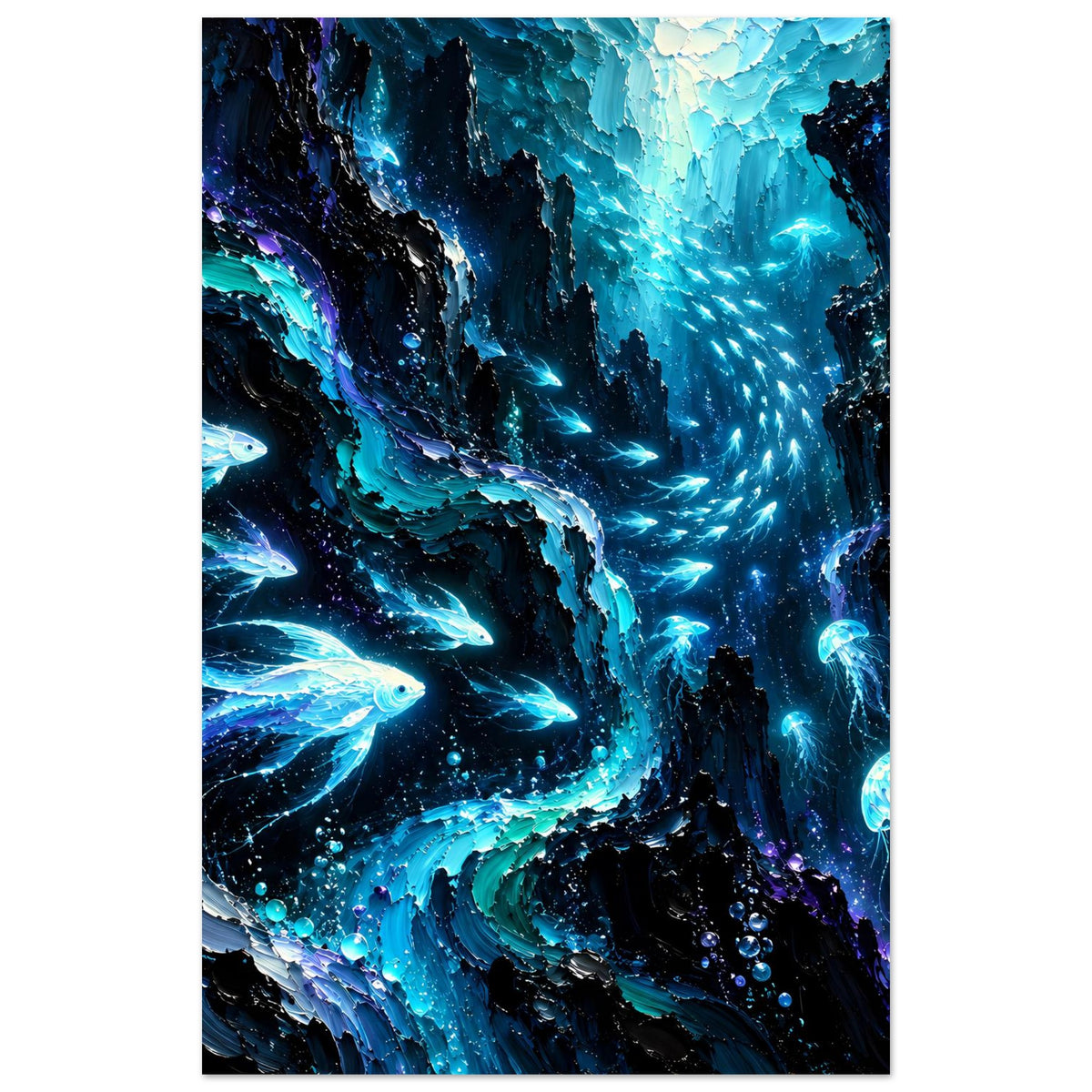 Leuchtendes Meeresleben-Poster mit Fischen und Quallen in tiefblauer, leuchtender Unterwasserwelt