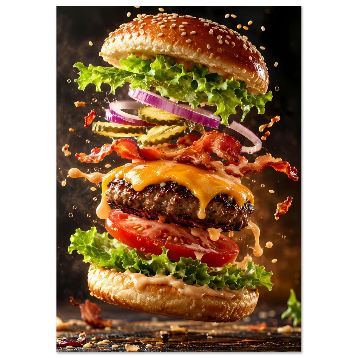 Hochkant-Burger-Kunstposter, naher Blick auf Burgerlagen mit Salat, Käse, Bacon und Sauce.