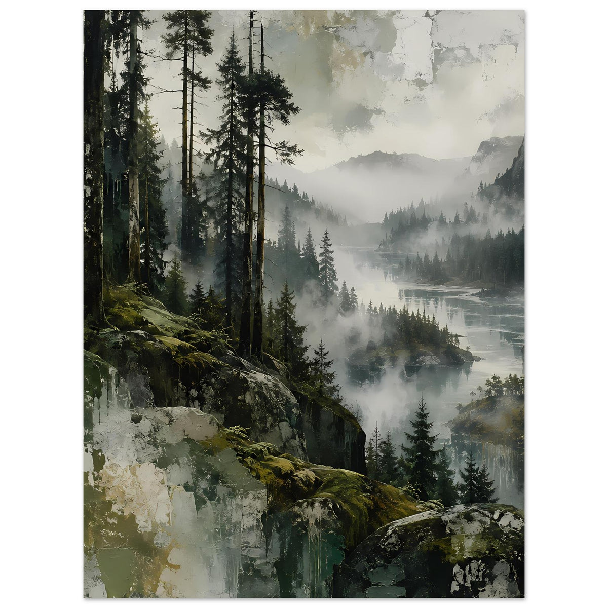 Hochformat-Poster: bewaldete Hänge mit Tannen, Nebel über dem Wasser