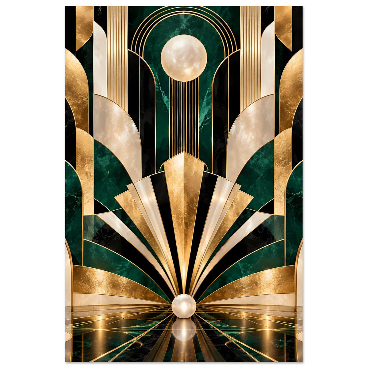 Art-Déco-Poster mit Goldfächer, Smaragdgrün und Perlmuttakzenten