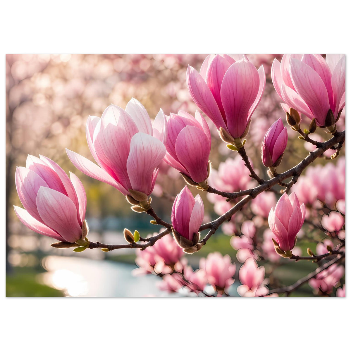 Blumenposter: rosa und weiße Magnolienblüten an verzweigtem Ast
