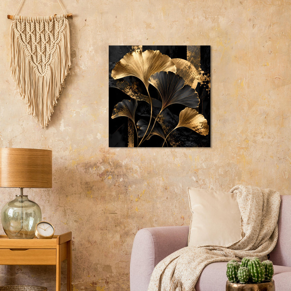 Quadratisches Wandposter mit goldenen Blattadern auf dunklem, schwarzem Grund