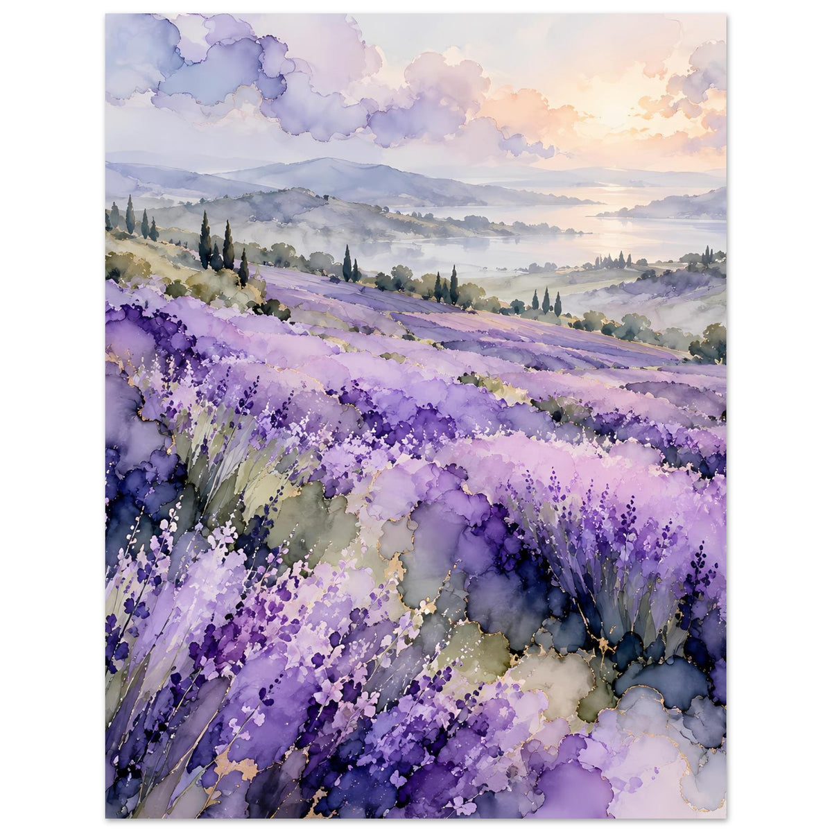 Landschaftsposter mit Lavendelfeldern in Violett und sanften Hügeln im Aquarellstil